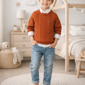 Ensemble garçon pull en maille torsadée et jean