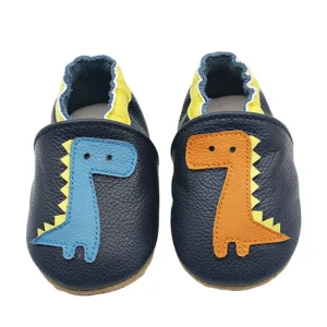 Chausson Cuir Souple Bébé – Dino bleu orange